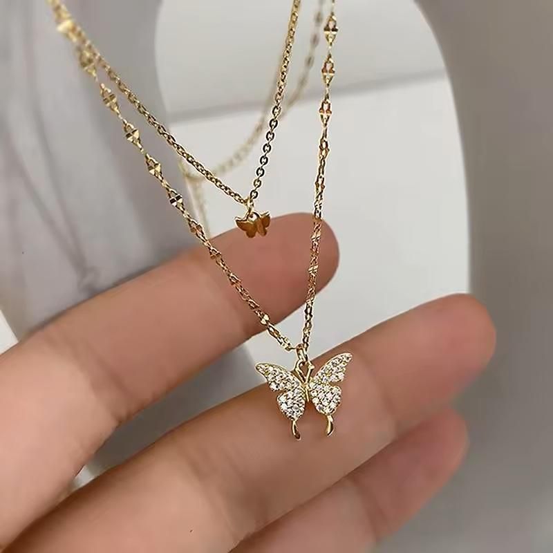 Double Layer Clavicle Chain Necklace with Zircon Butterfly Pendant – Gold Women’s Jewelry