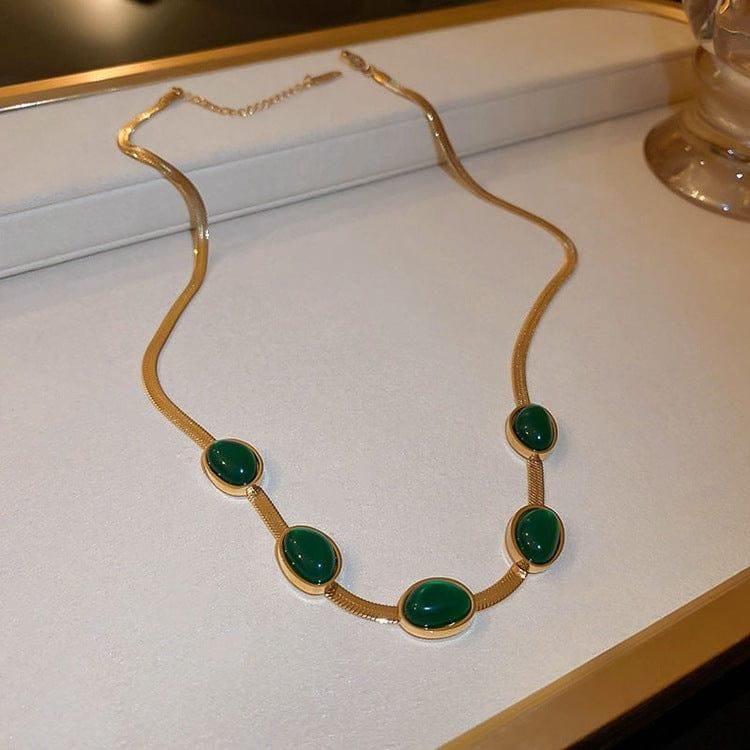 Oval Green Crystal Pendant Necklace Set with Bracelet – Gold-Plated Jewellery for Women