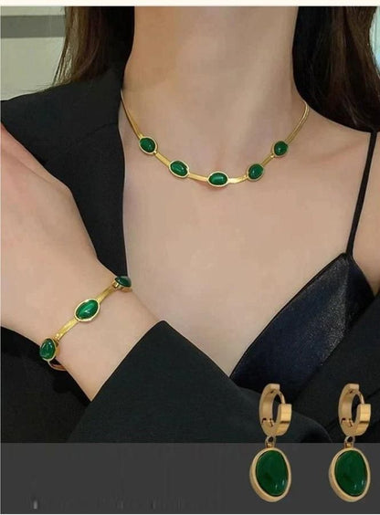 Oval Green Crystal Pendant Necklace Set with Bracelet – Gold-Plated Jewellery for Women