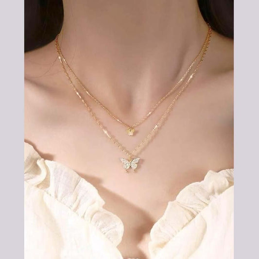 Double Layer Clavicle Chain Necklace with Zircon Butterfly Pendant – Gold Women’s Jewelry